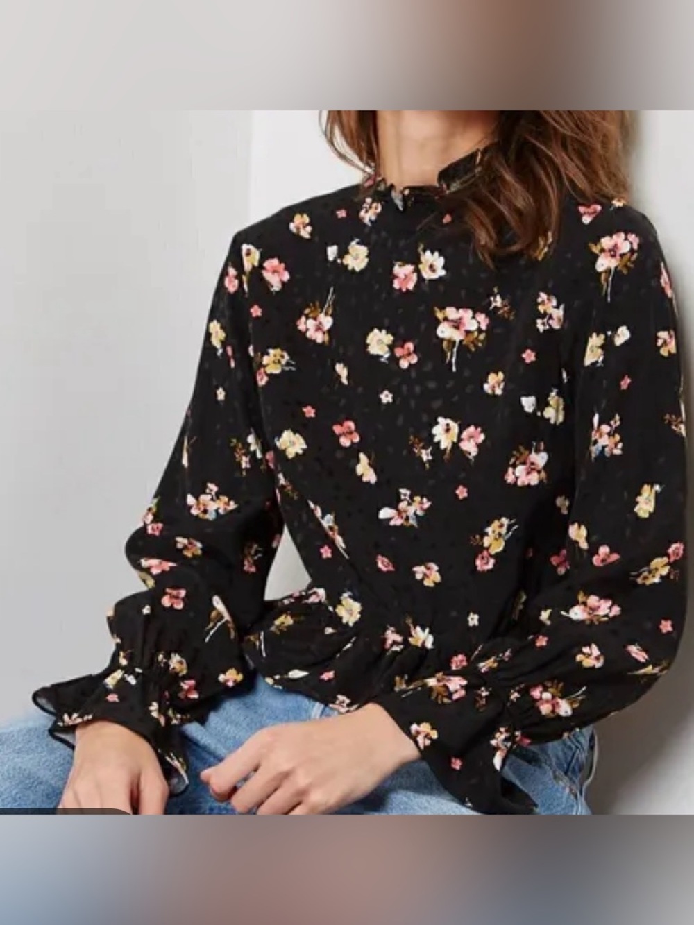 Topshop Black Floral Ruffle-Neck Long Sleeve Floral Blouse